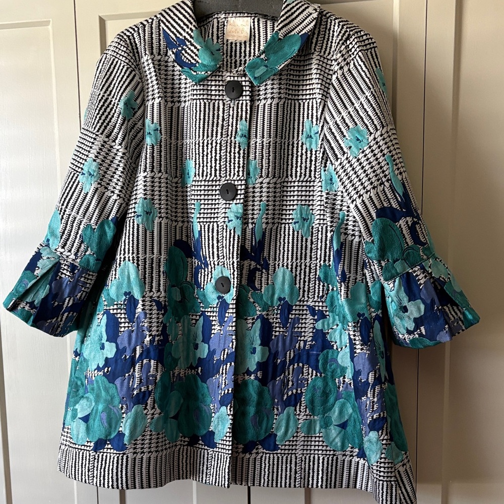 Patterned Floral Swing Coat with Teal & Navy Accents